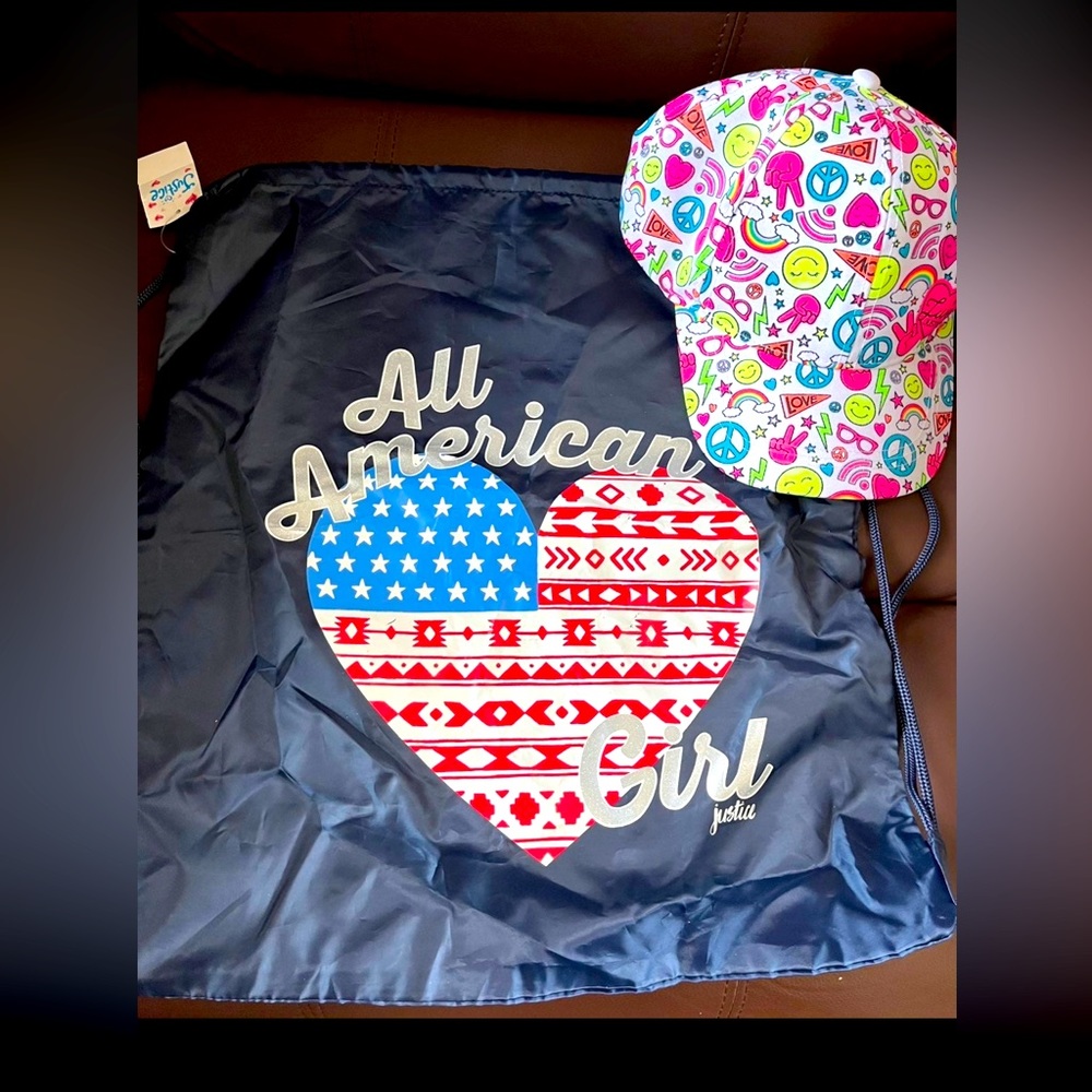 Justice drawstring backpack and hat